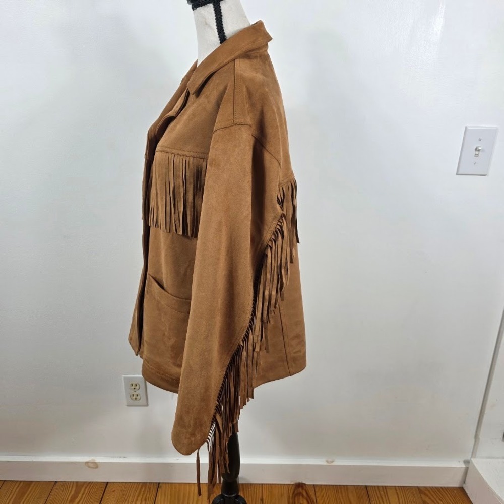 Abercrombie & Fitch Fringe Jacket Women‎ Large Tan Vegan Suede Western Boho NEW - Picture 3 of 12